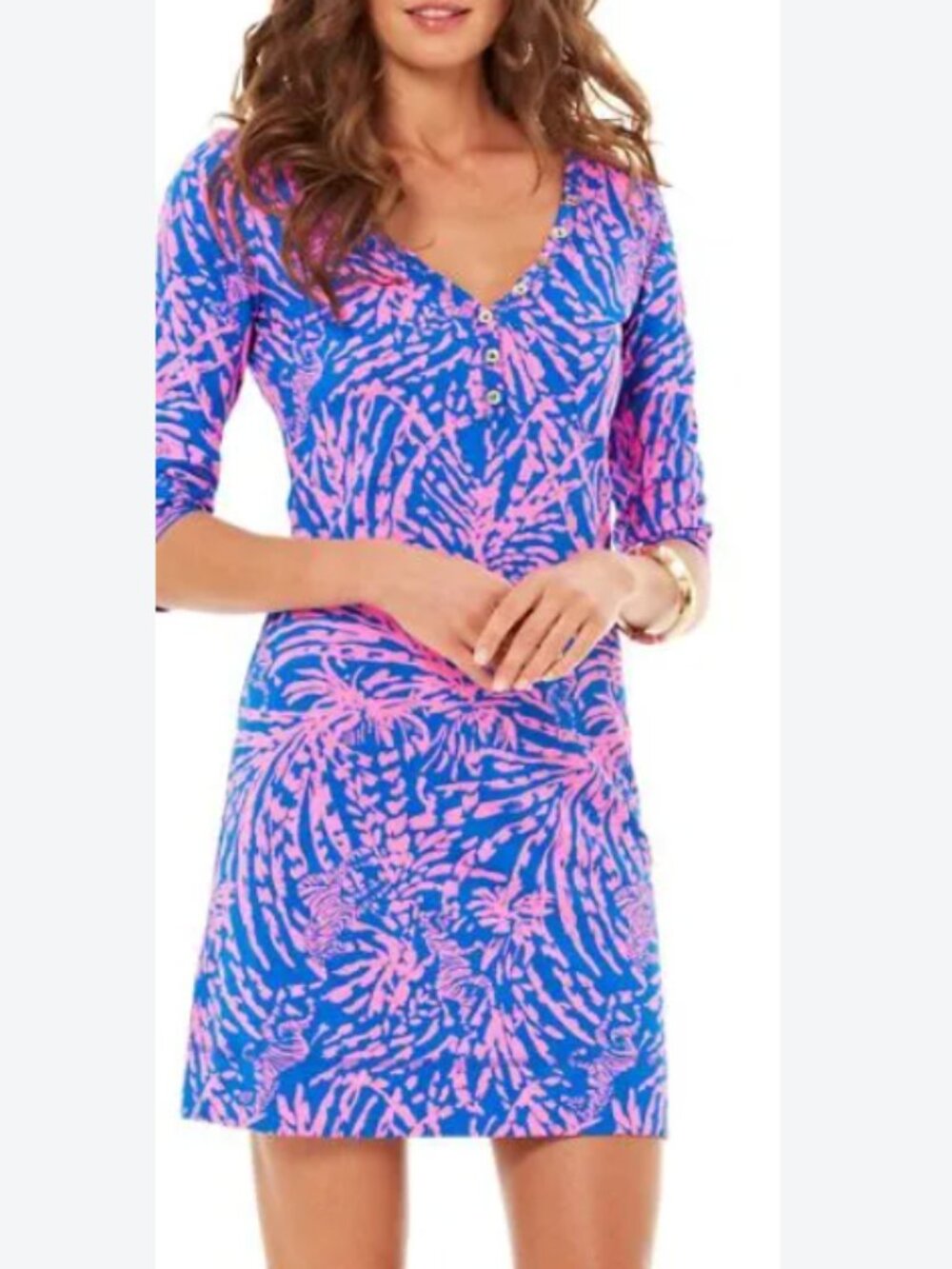 Lilly Pulitzer Pauline Pink Blue V-Neck Dress Zebra medium cotton M